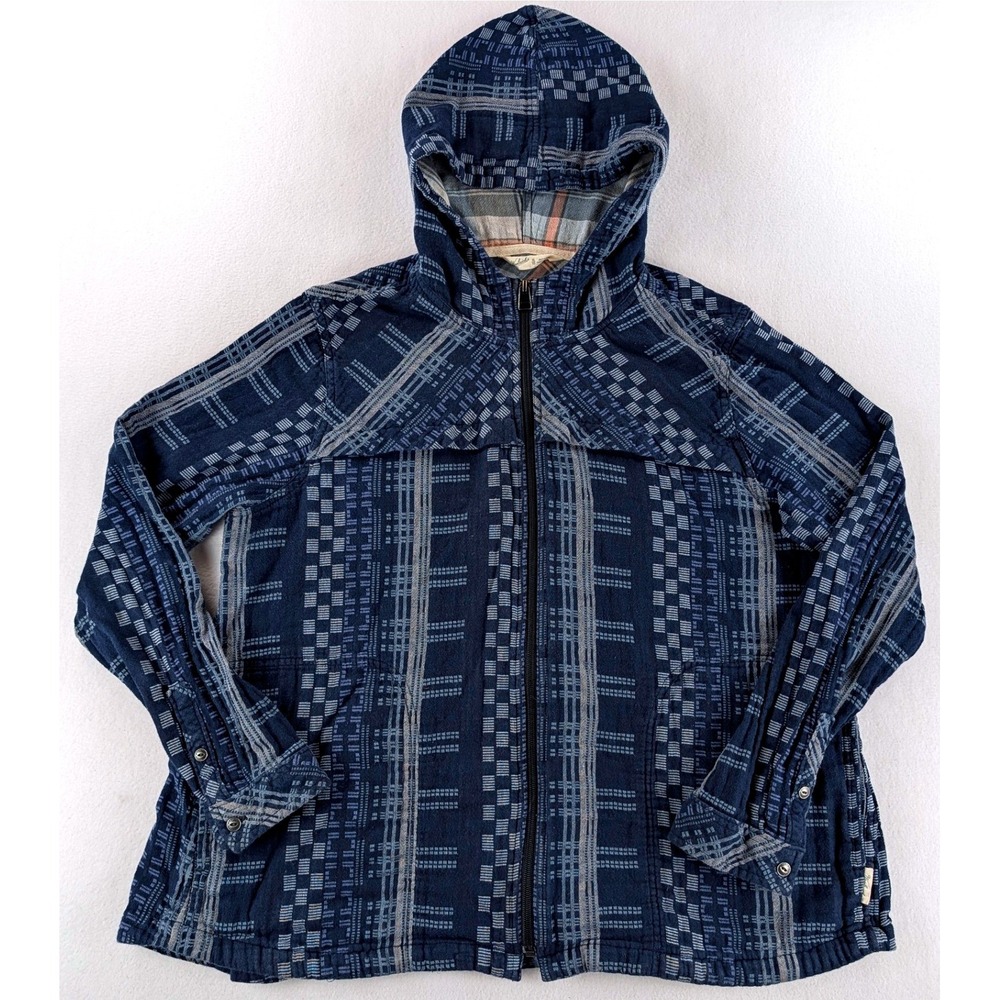 Woolrich Womens XL Blue Geometric Full Zip Hoodie Plaid Lined Lightweight